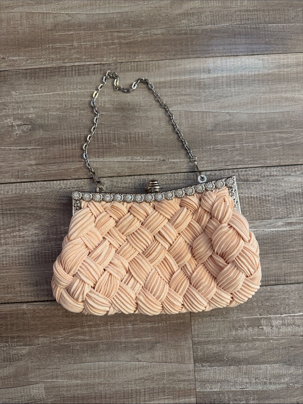 Peach Woven Evening Clutch with Rhinestone Frame